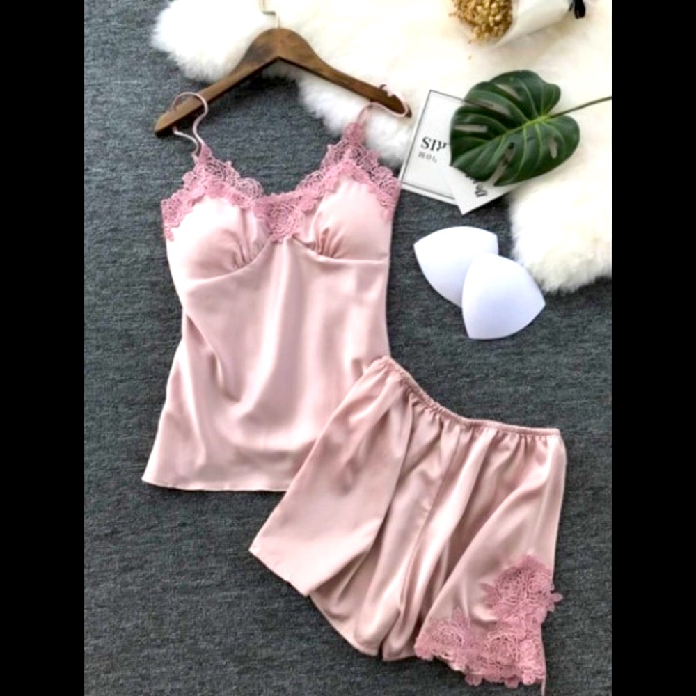 Sexy Satin Peachy-Pink Lace V-Neck Cami Style Top & Shorts Pajamas 2pc lingerie